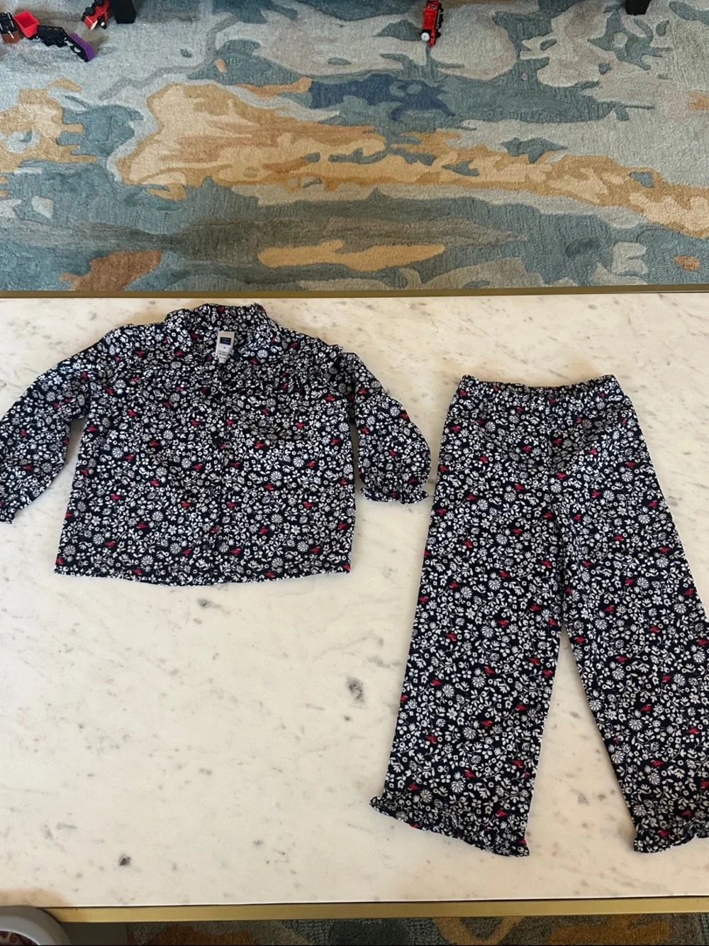Kids Floral Pajama Set - Navy with red & White Blossoms